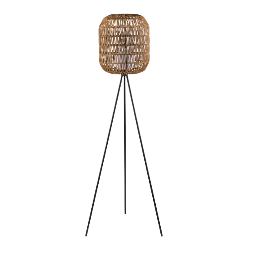 Floor lamp with a wicker basket shade on a white background