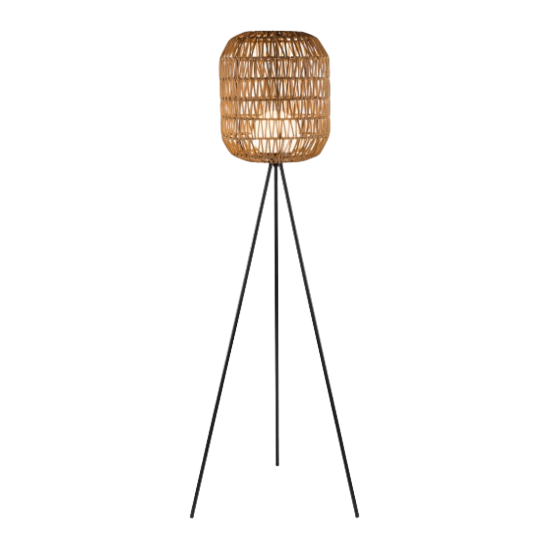 Rattan floor lamp with black metal legs on a white background