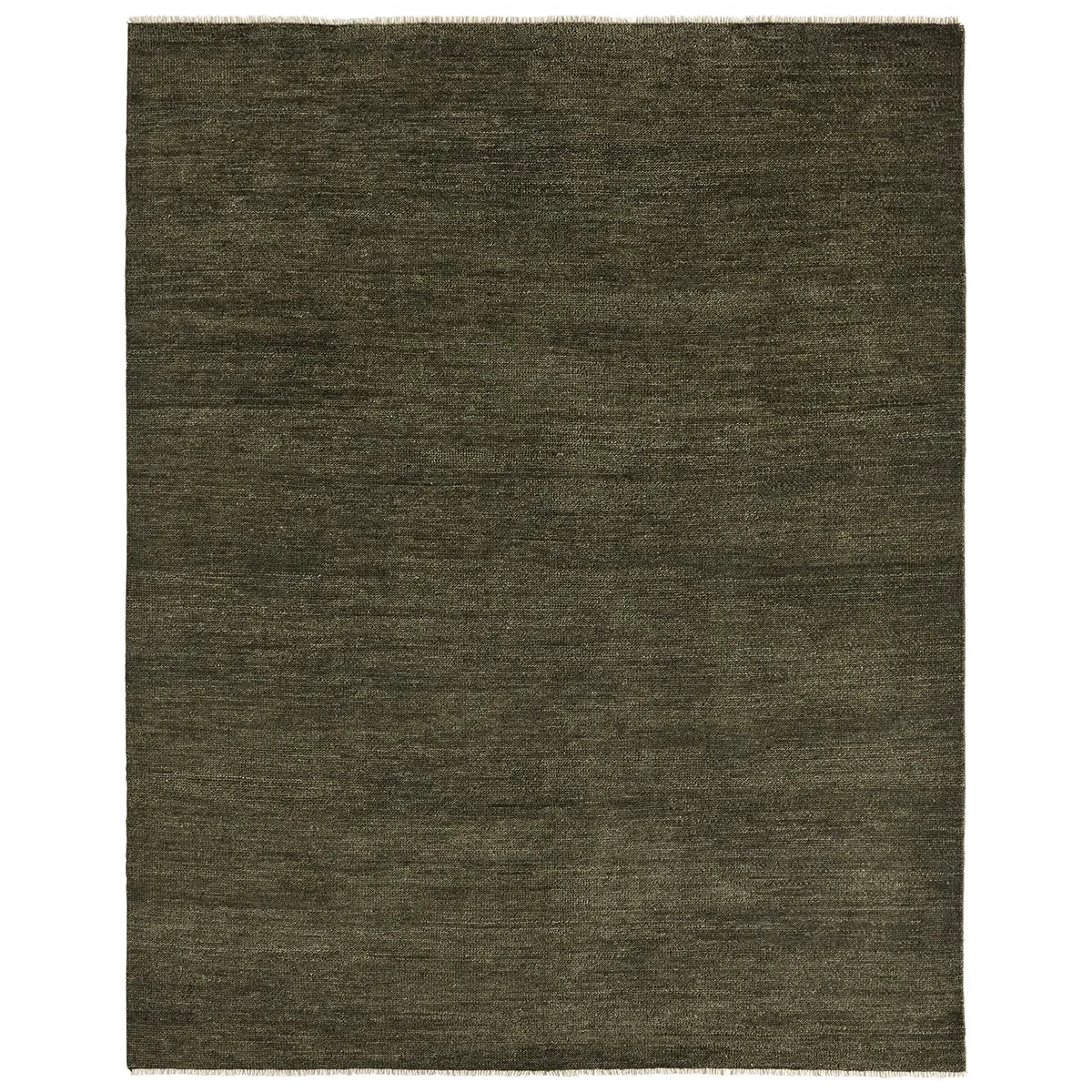 Green textured area rug with white fringe edge on white background