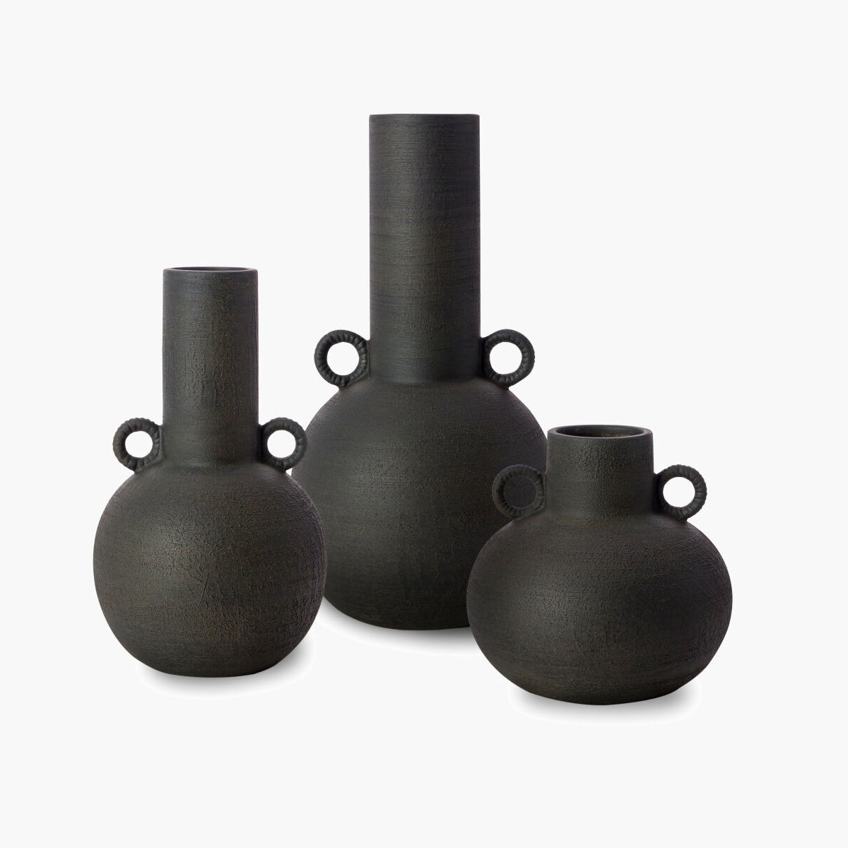 Set of black ceramic vases on a white background