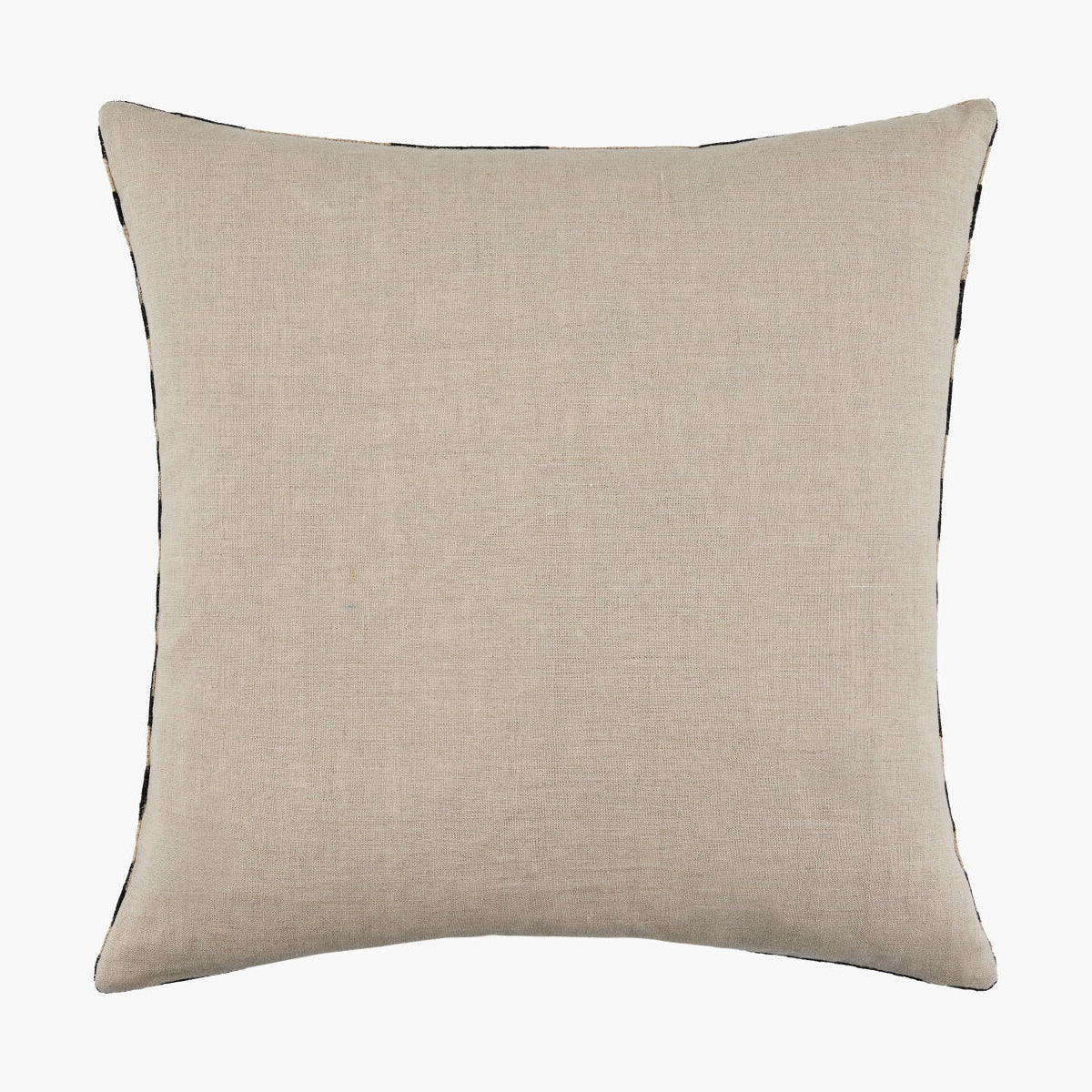 Beige pillow with black trim on a white background