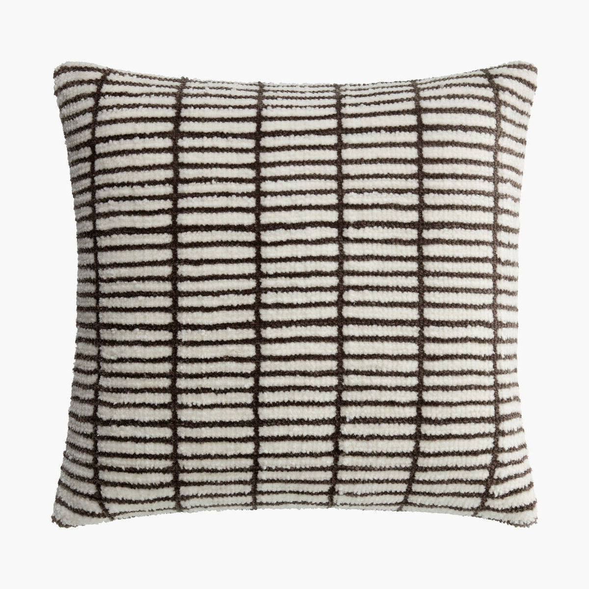 Decorative pillow with brown and white striped pattern on a white background