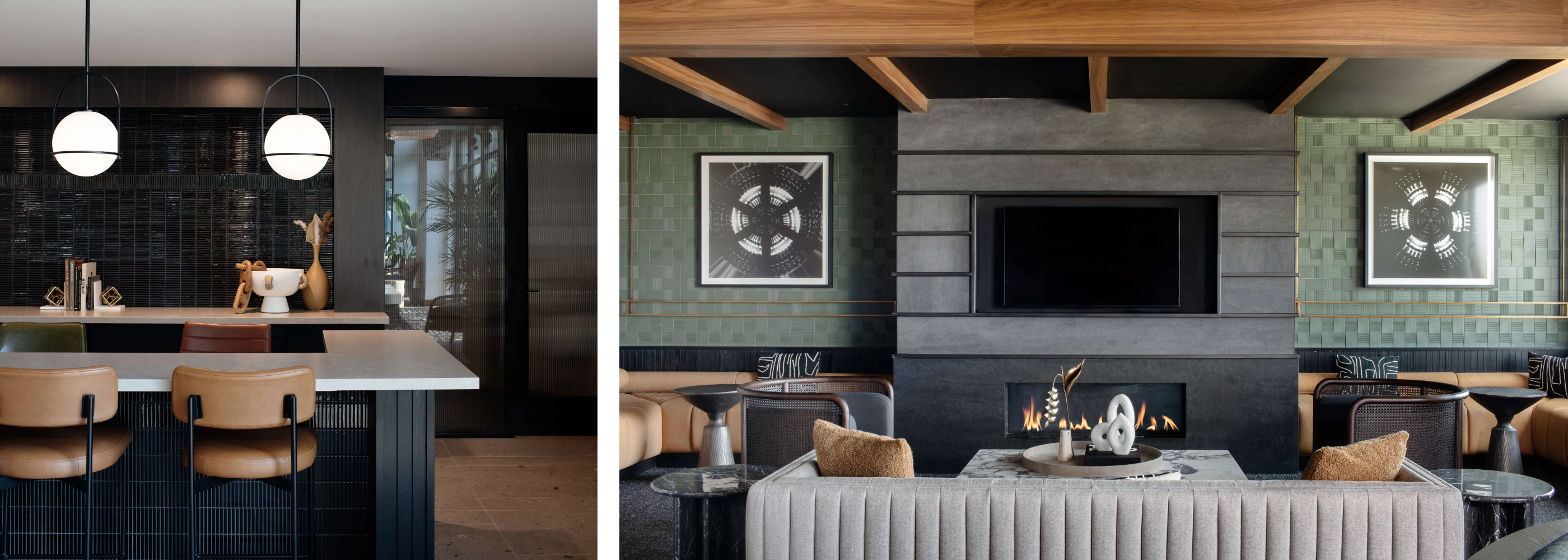 Modern kitchen and living room interior design with dark walls, light wood accents, and decorative elements.