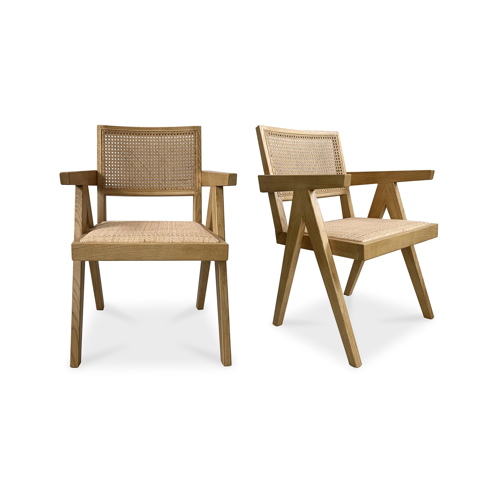Two wooden chairs with woven seats and backrests on a white background