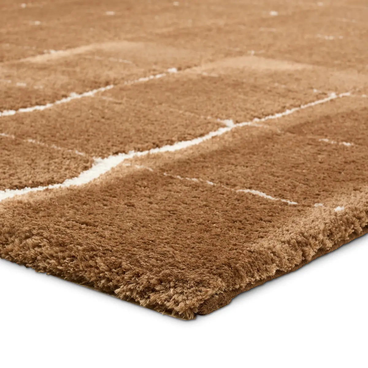 Brown textured rug with white lines on a white background