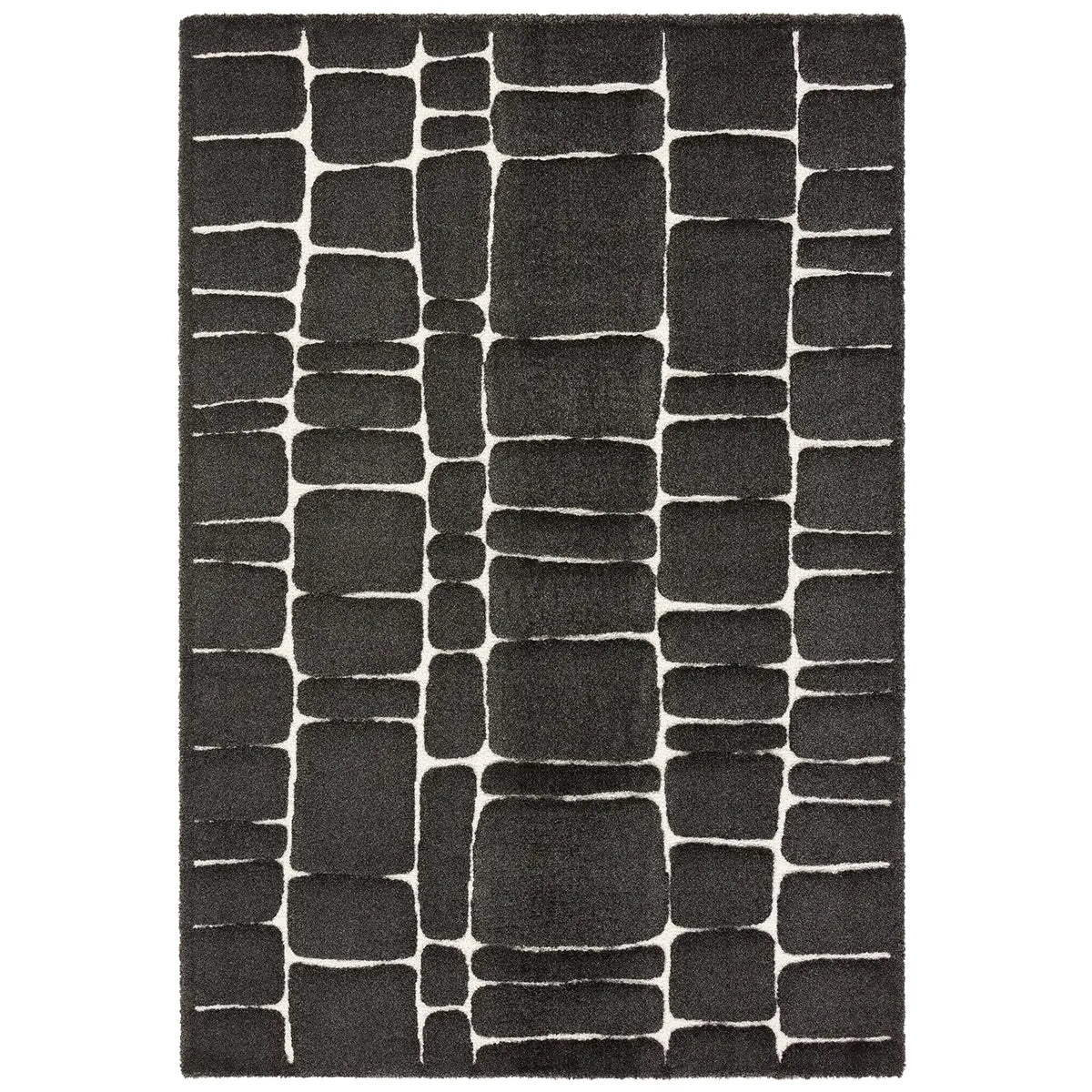 Black textured rug with a geometric pattern on a white background