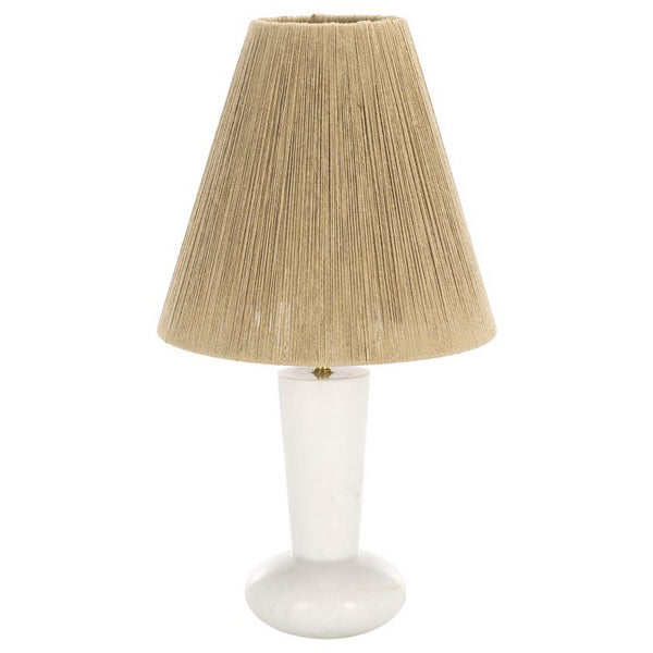 Small lamp with a beige woven shade on a white background