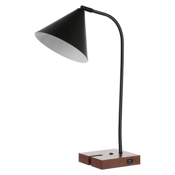Black desk lamp with a brown base on a white background