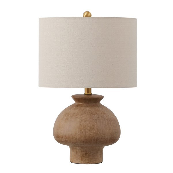 A ceramic table lamp with a light brown finish and a beige fabric shade.