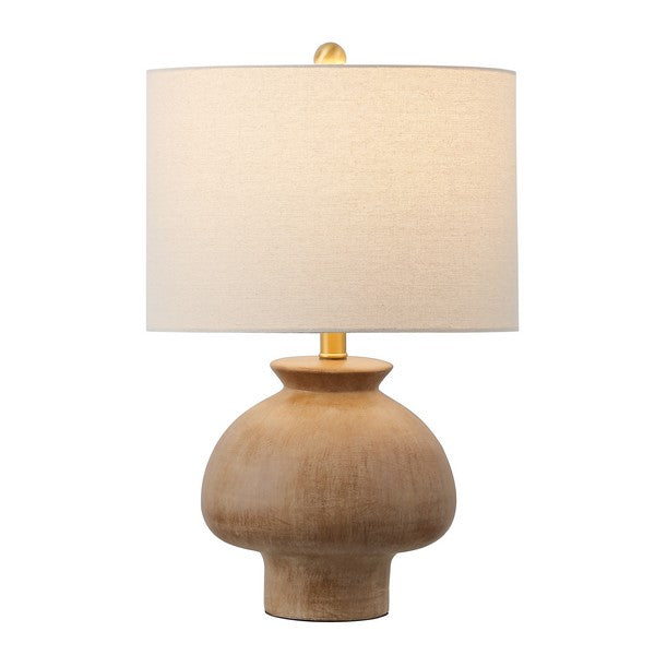 A ceramic table lamp with a light brown finish and a beige fabric shade.