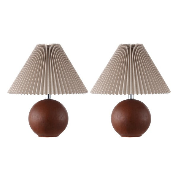 Two table lamps with brown spherical bases and beige pleated shades on a white background
