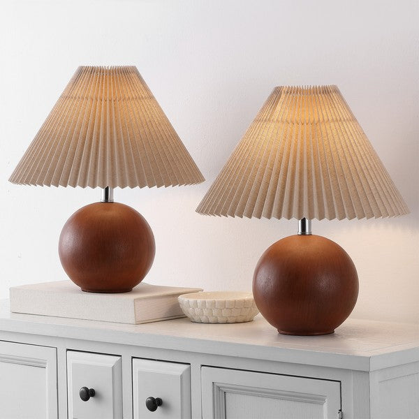 Two table lamps with pleated shades on a white surface.