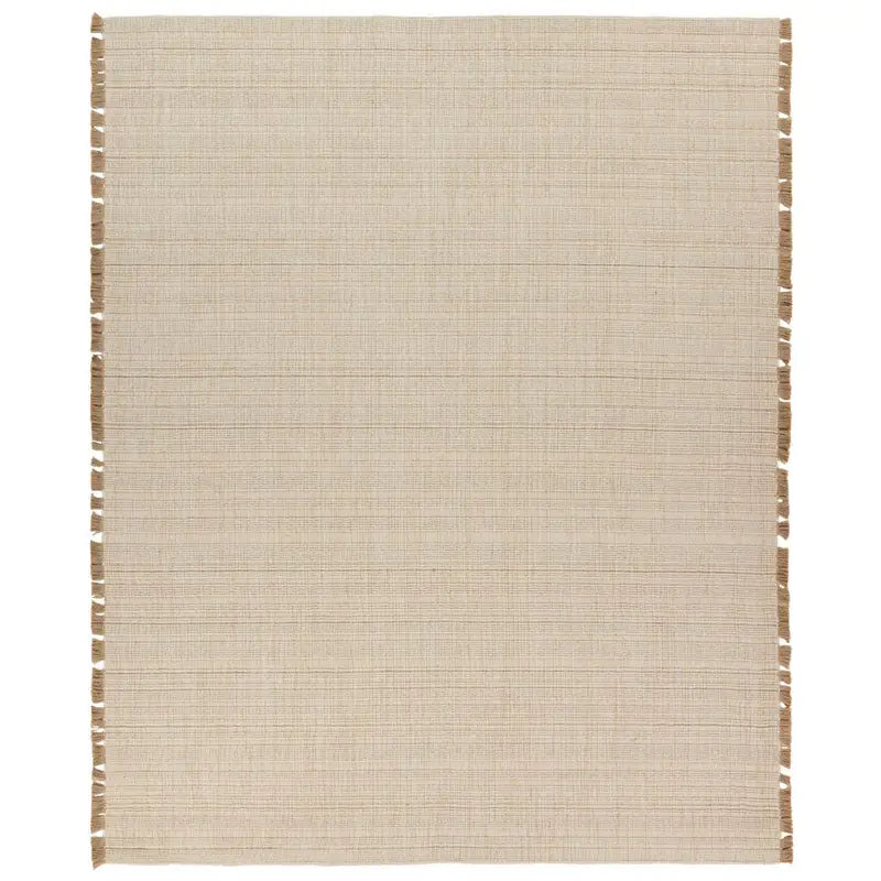 Beige woven rug with striped border on a white background