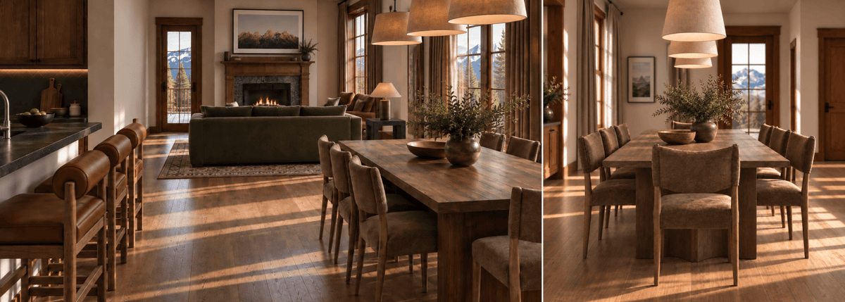 A split-view interior scene showing a rustic dining room with a long wooden table and chairs, a kitchen island with bar stools, and a living room with a fireplace and green sofa, all in warm natural light.