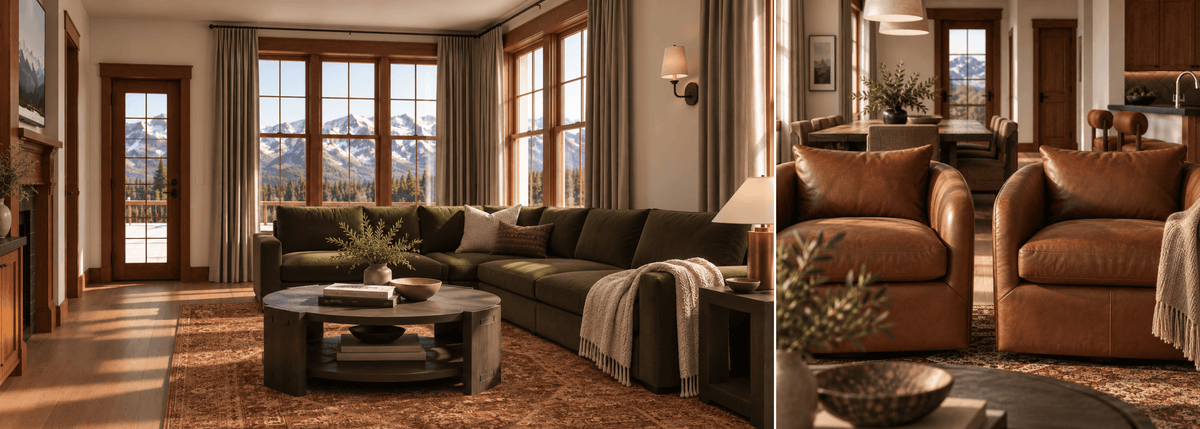 A split-screen lifestyle image showcasing a dark olive green sectional sofa in a rustic mountain-view living room, alongside a close-up of matching brown leather armchairs.