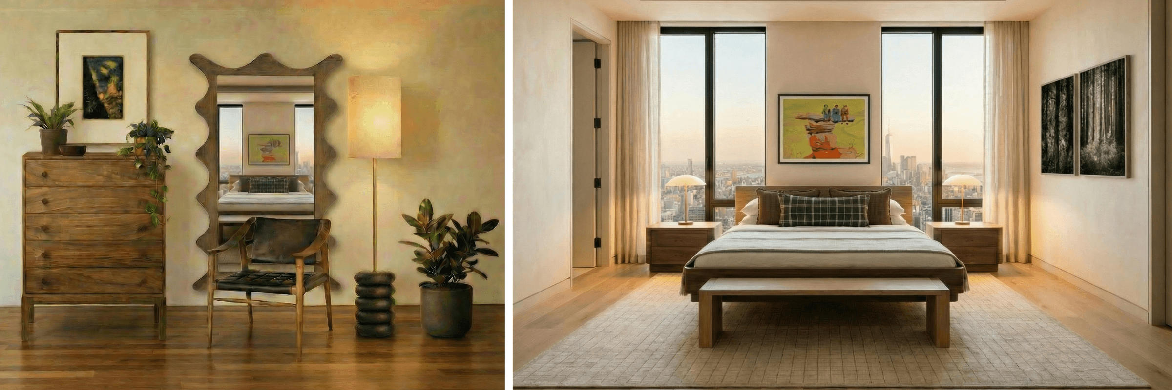Two images of a bedroom interior with furniture and decor.