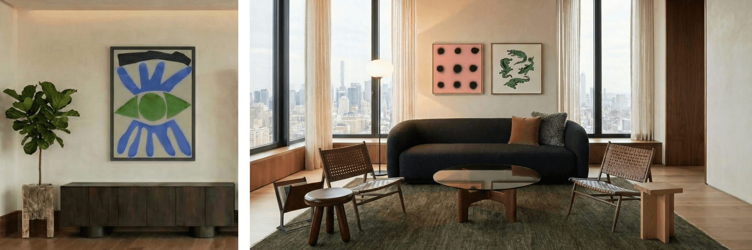 Modern living room with a large window view, gray sofa, and colorful wall art.