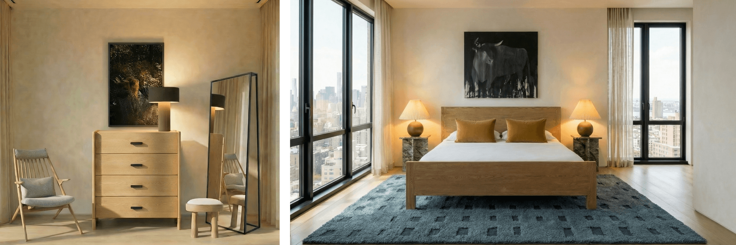 Two bedroom scenes with furniture and decor.