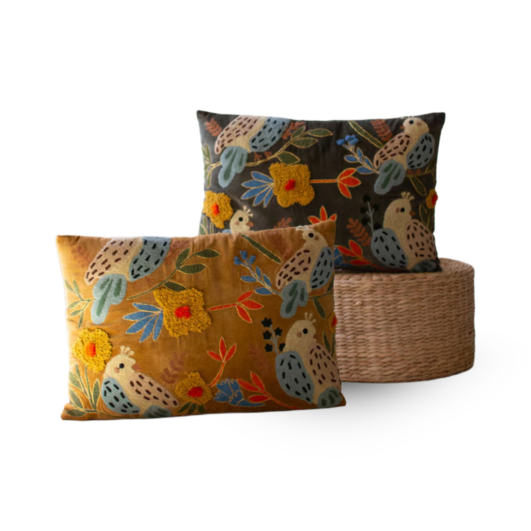 Set of 2 Embroidery Pillows with Birds