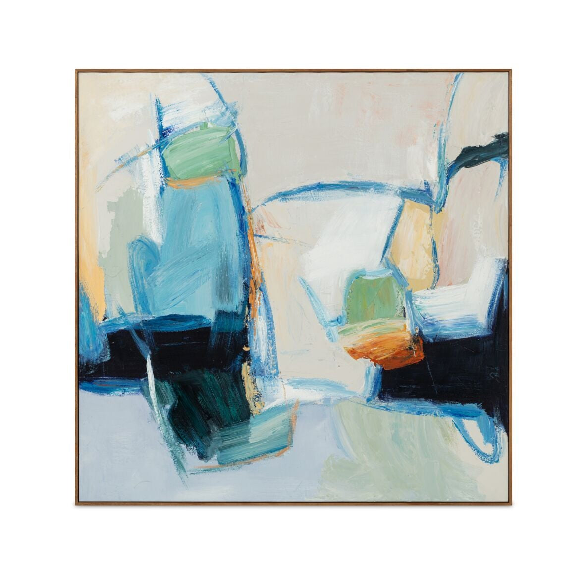Abstract painting with blue, green, and black colors on a beige background