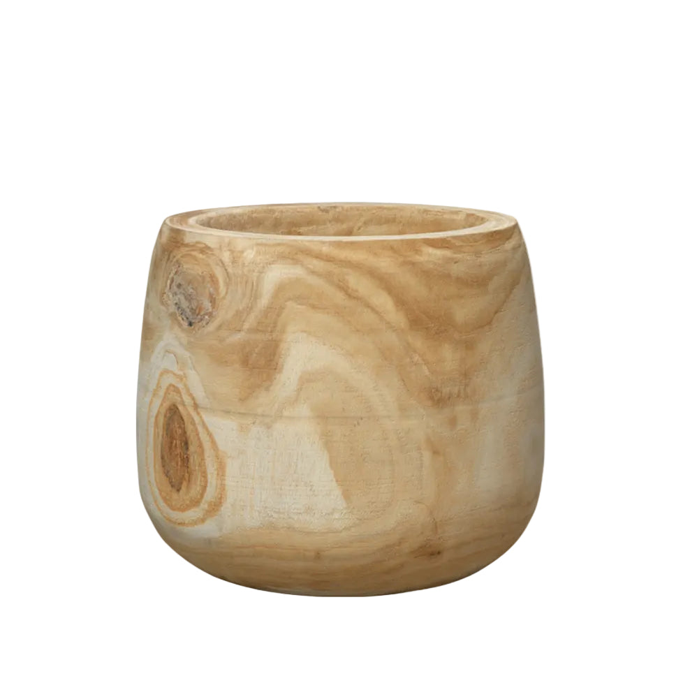 Wooden planter with a natural grain pattern on a white background