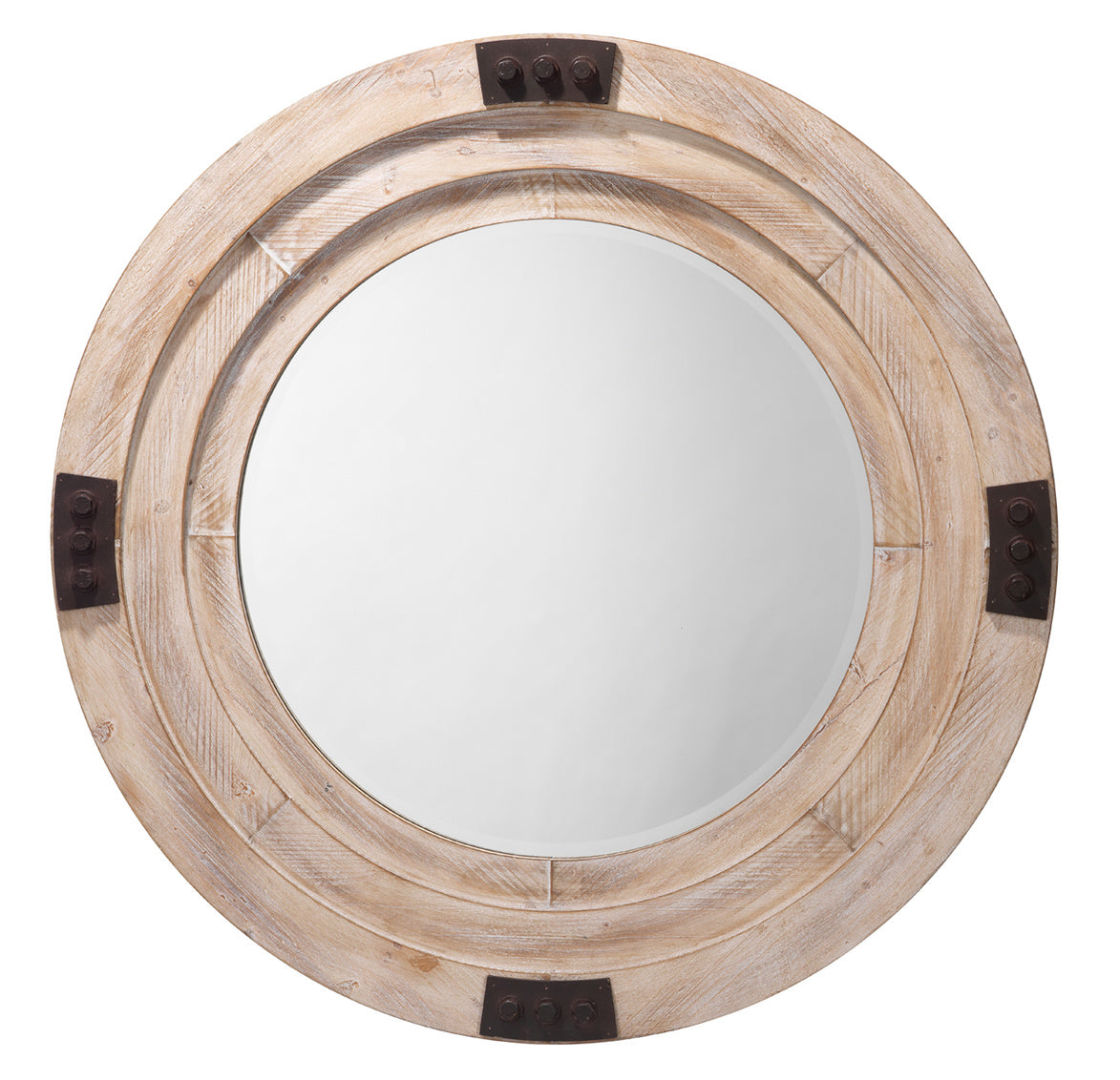Round wooden mirror with a natural finish on a white background