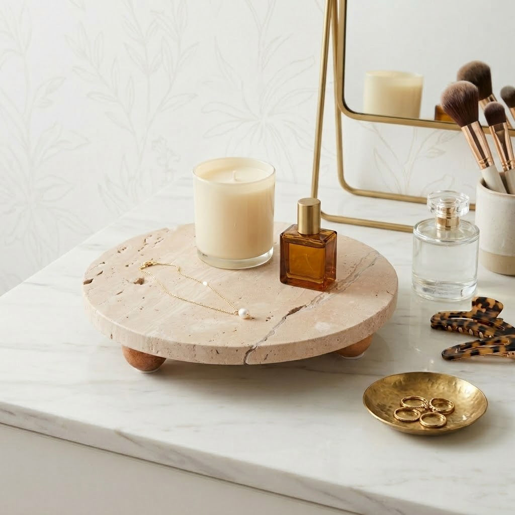 Marble tray with candle, perfume bottle, and other items on a white surface