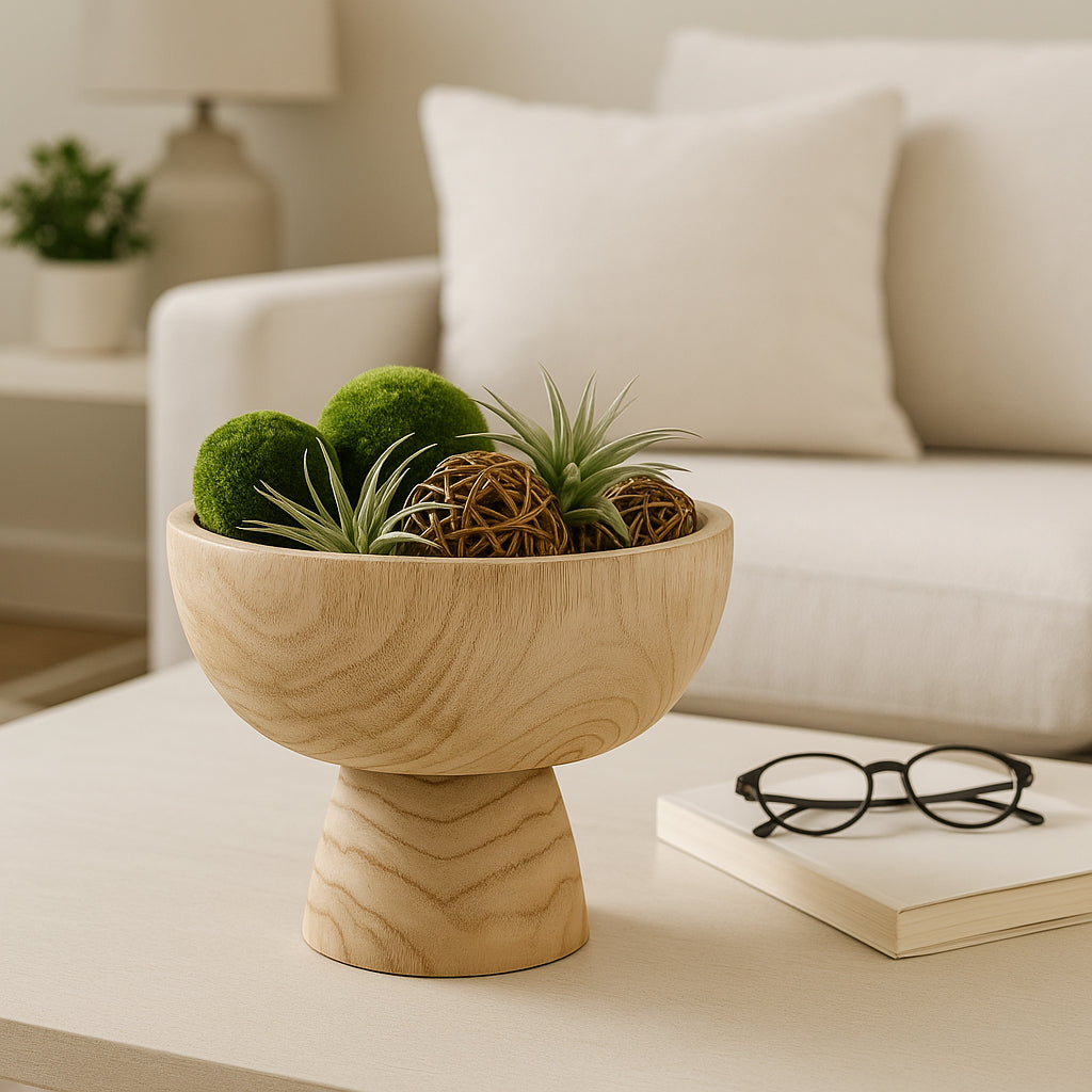 Decorative bowl with plants on a coffee table in a living room setting