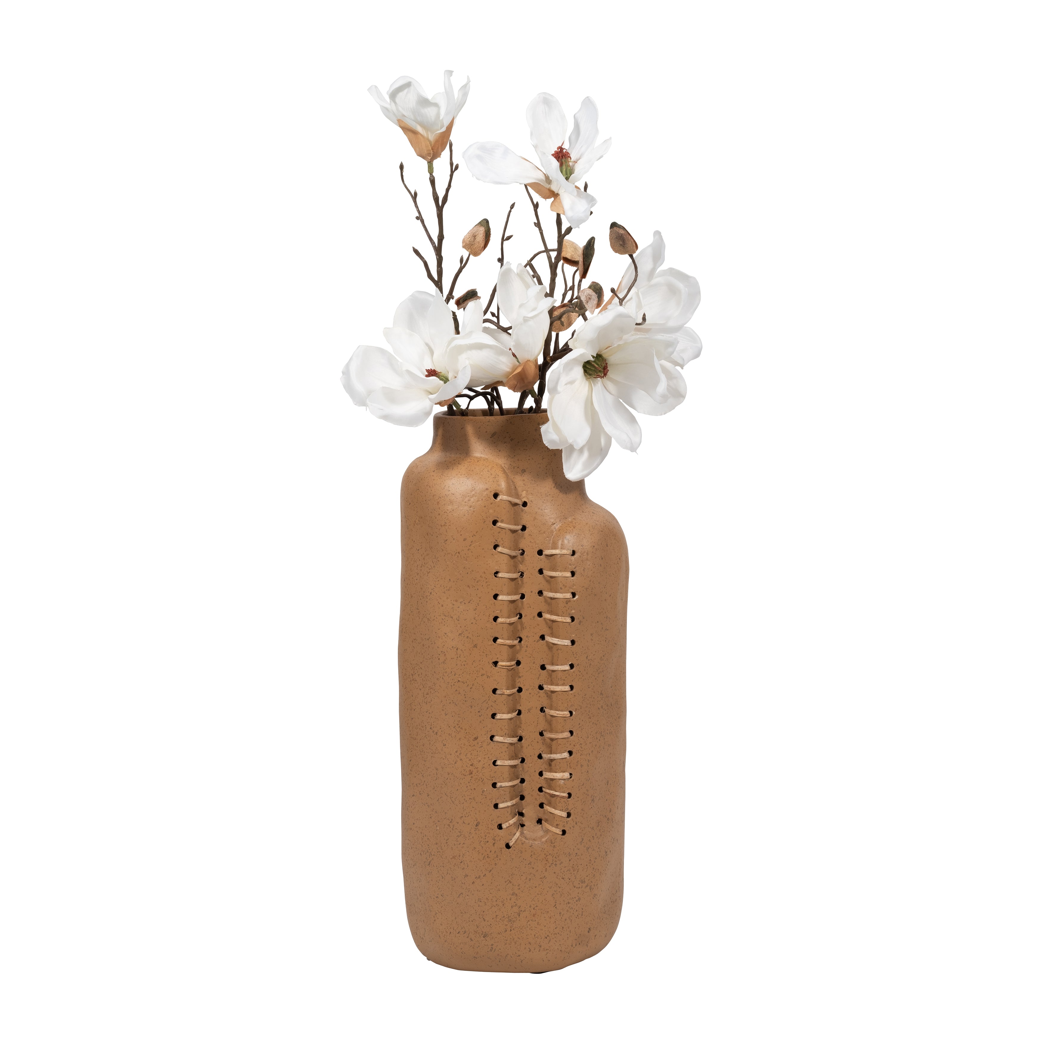 Brown textured vase with white flowers on a white background