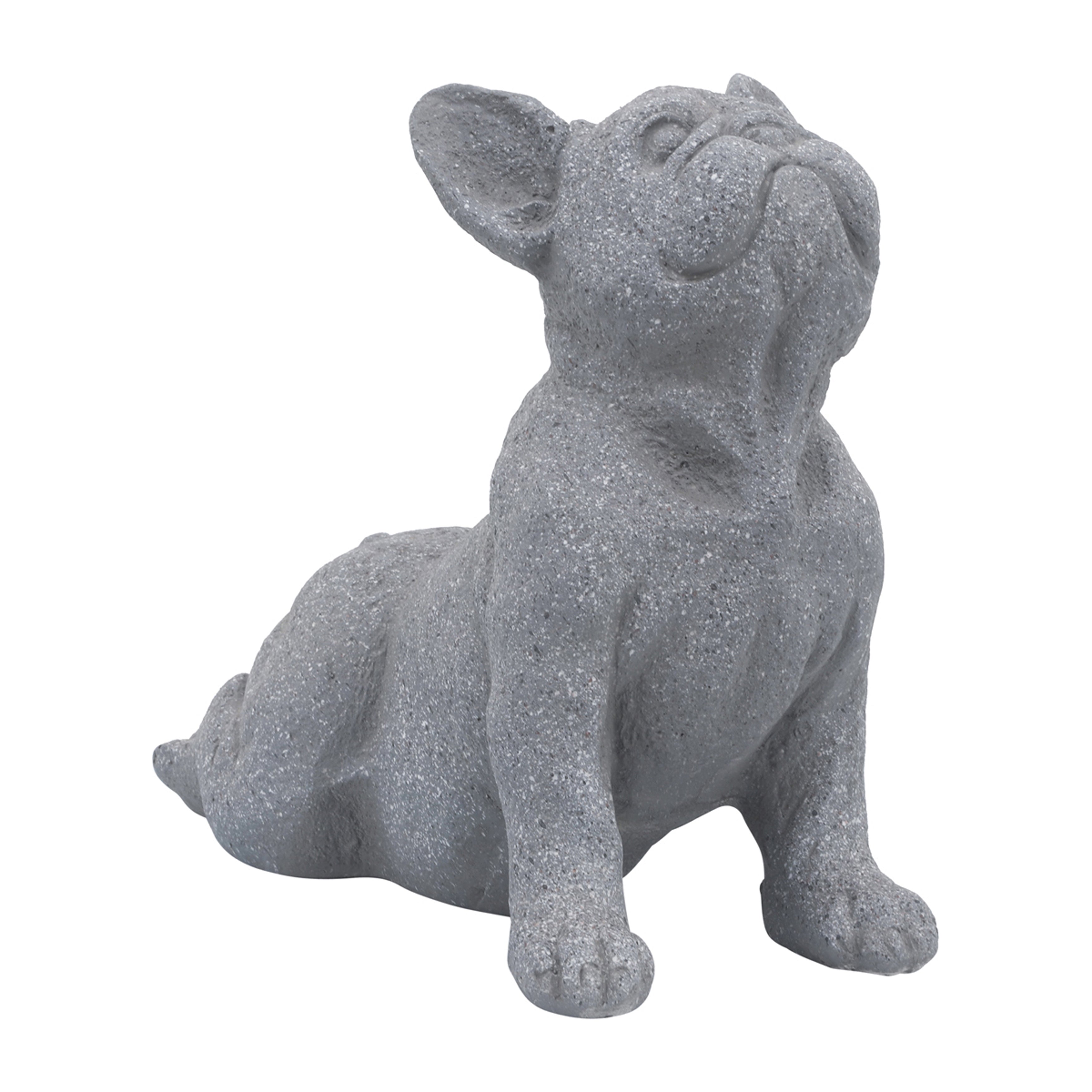 Gray stone statue of a sitting dog on a white background
