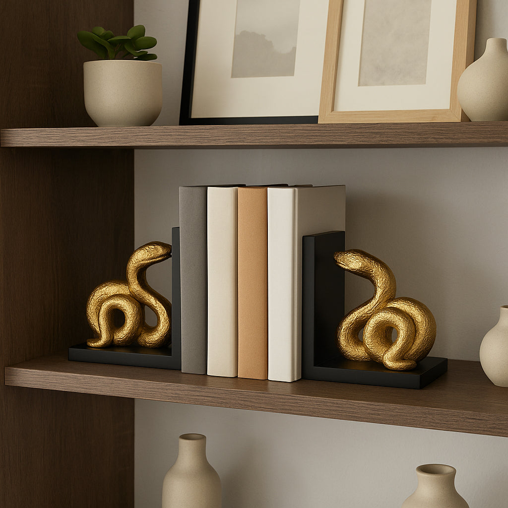 Decorative bookends shaped like snakes on a shelf with books and vases.