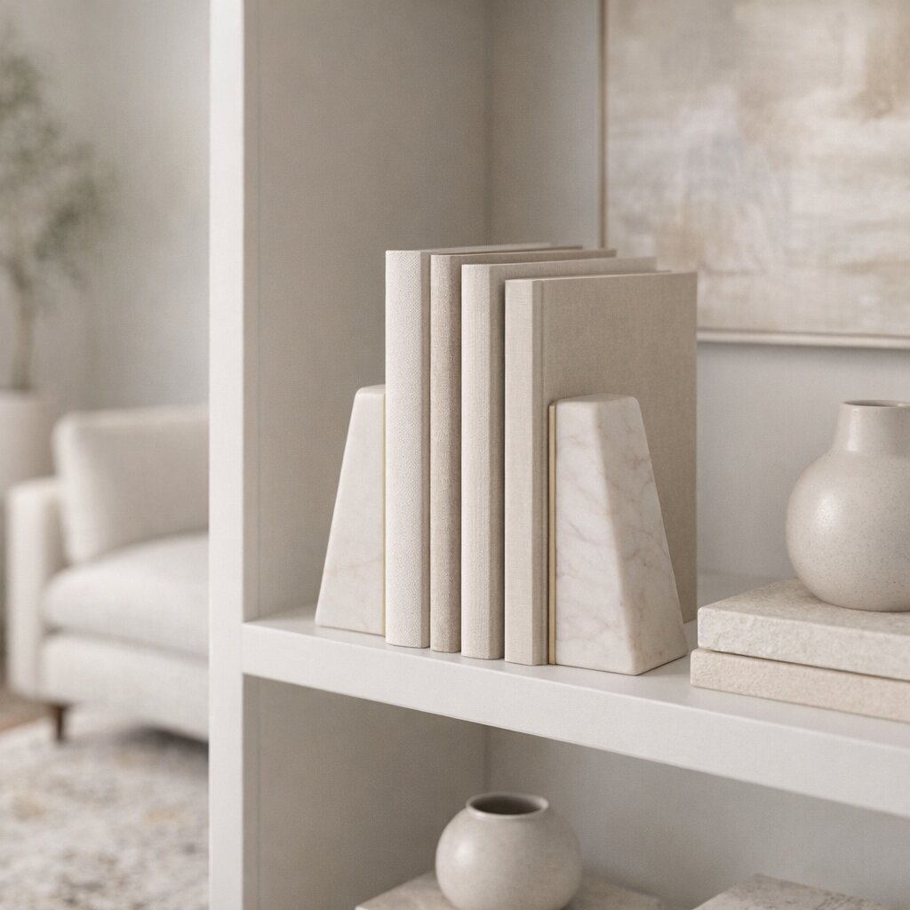 Books and vases on a shelf in a living room setting