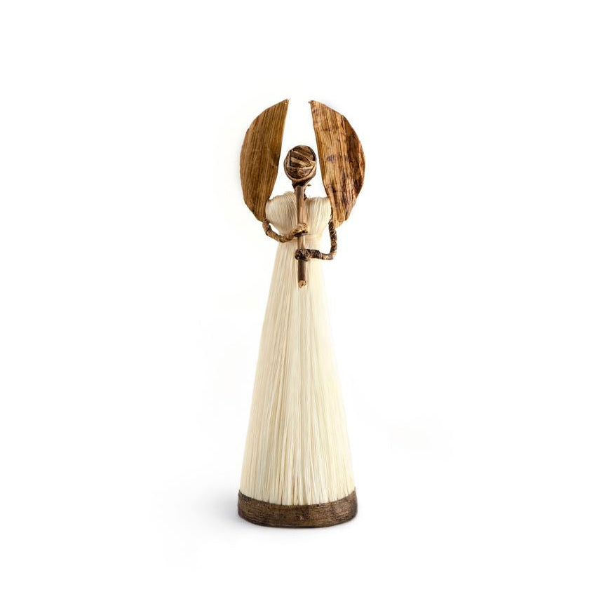 Decorative angel figurine with wooden base and white wings on a white background