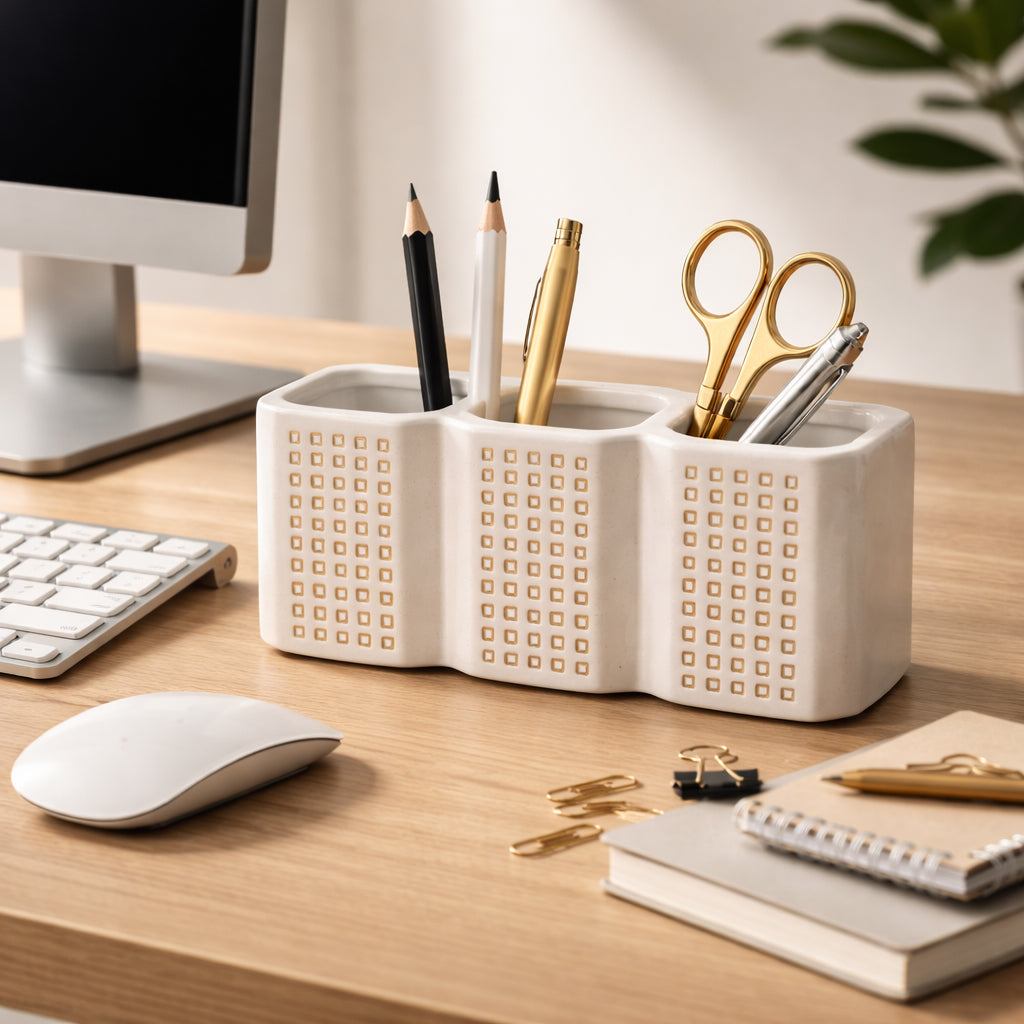 Desk organizer with stationery items on a wooden desk