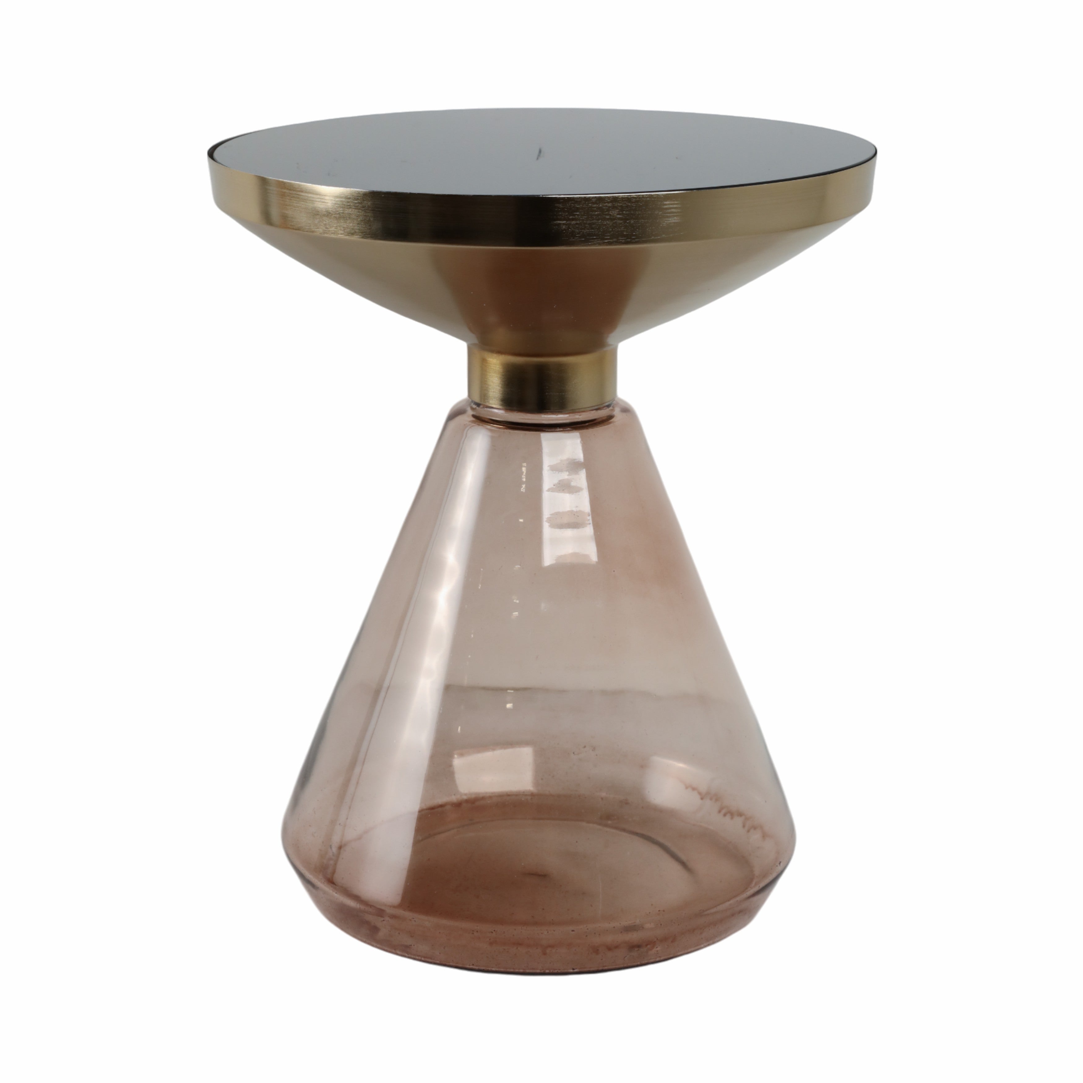 Small round table with gold base and glass bottom on a white background
