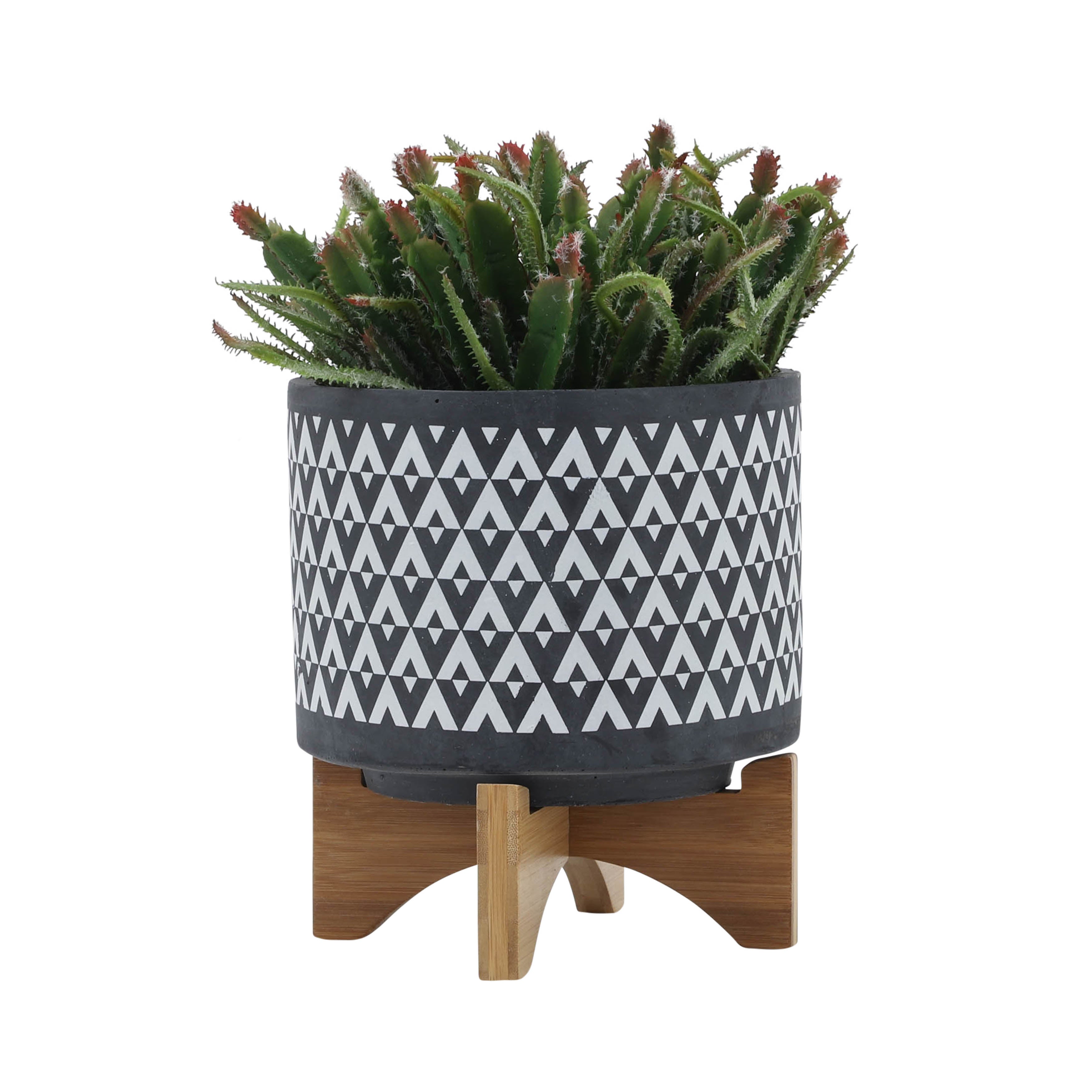 Decorative planter with geometric pattern and wooden stand on a white background