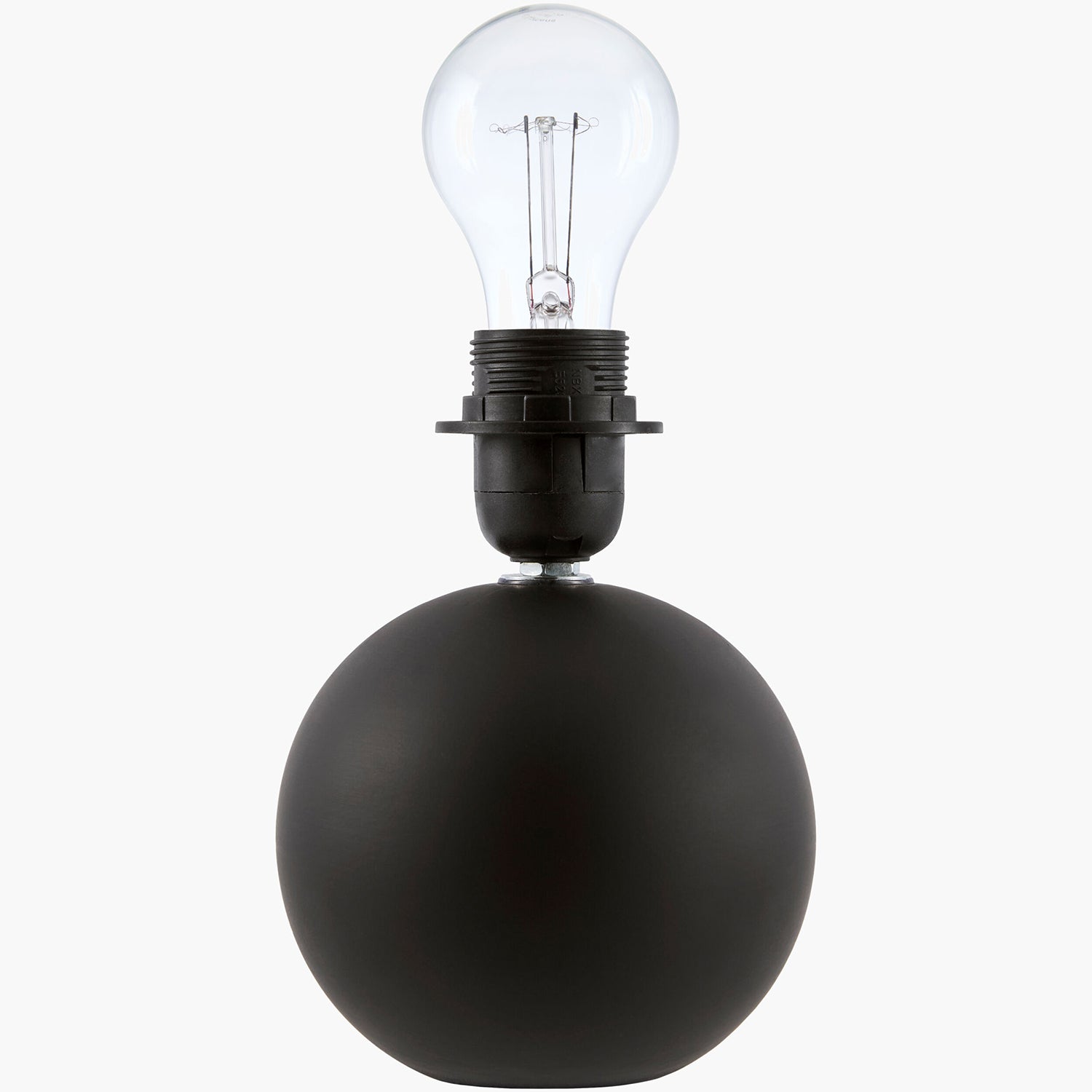Black spherical light fixture with a clear light bulb on a white background
