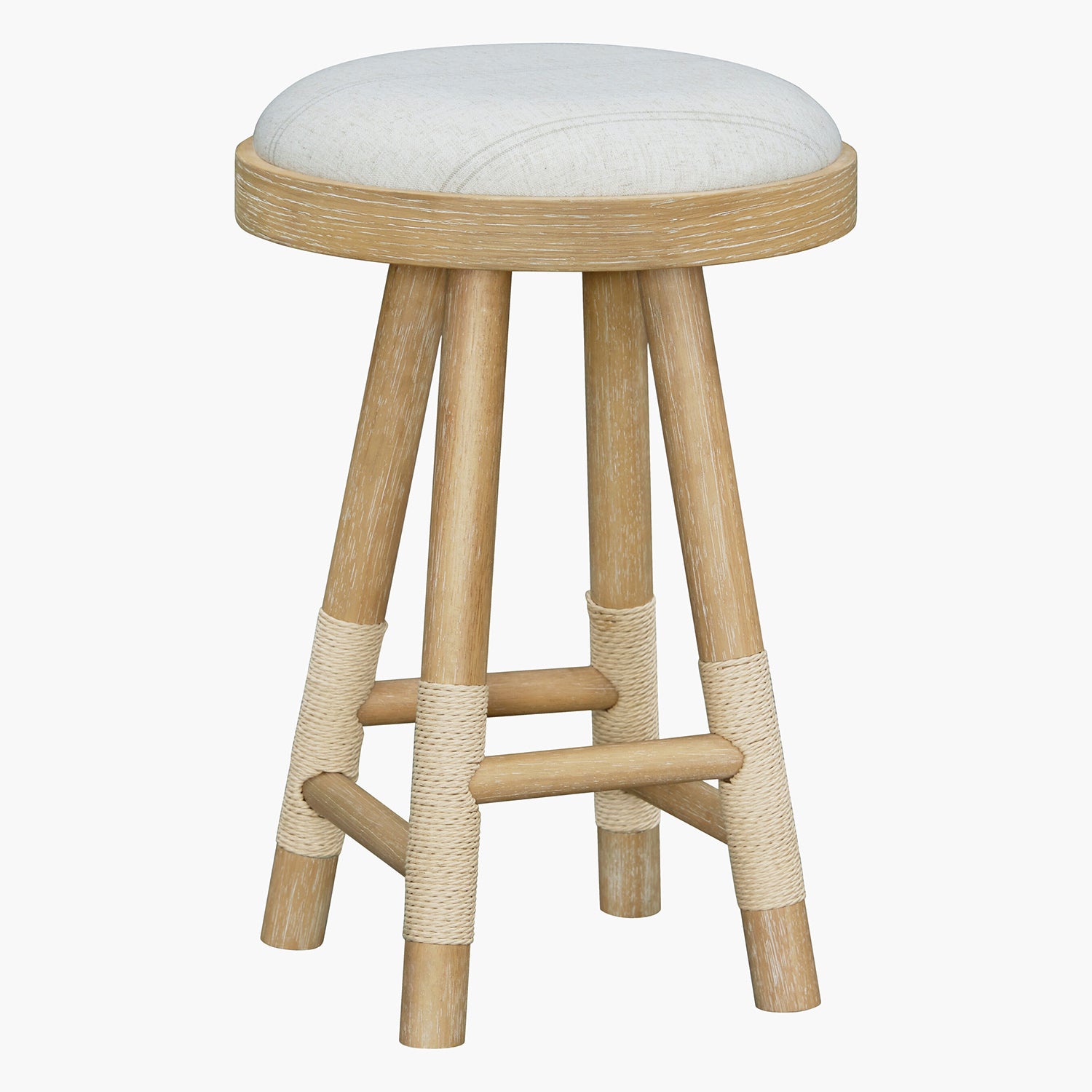 Wooden bar stool with a white cushioned seat on a white background