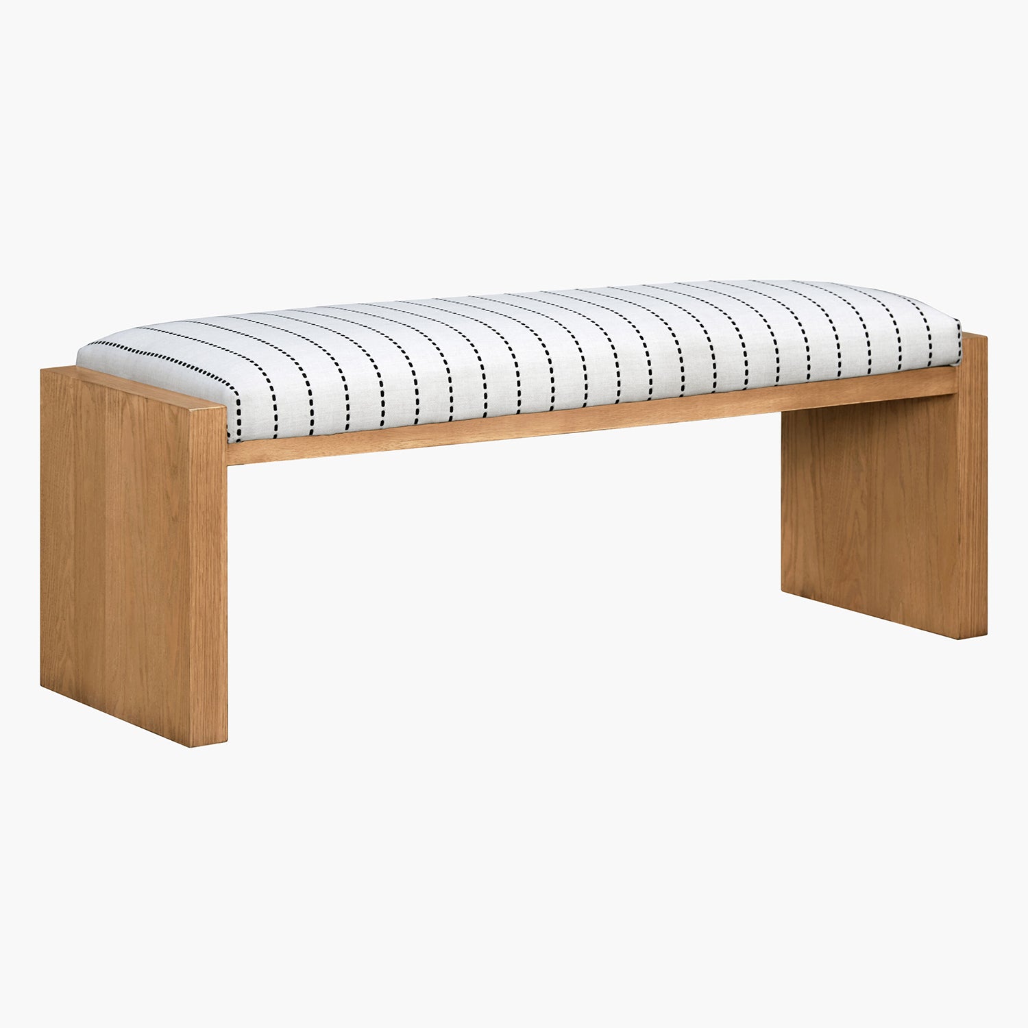 Wooden bench with a striped cushion on a white background
