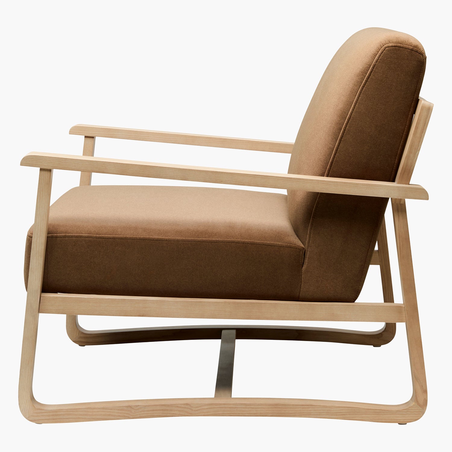 Brown armchair with wooden frame on a white background