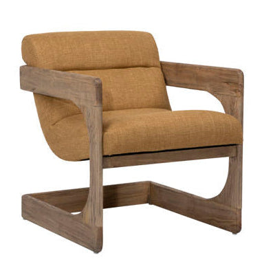 Mustard armchair with wooden frame on a white background
