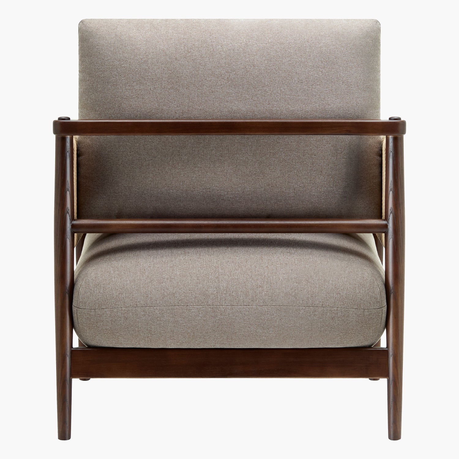 Chair with gray cushion and wooden frame on a white background