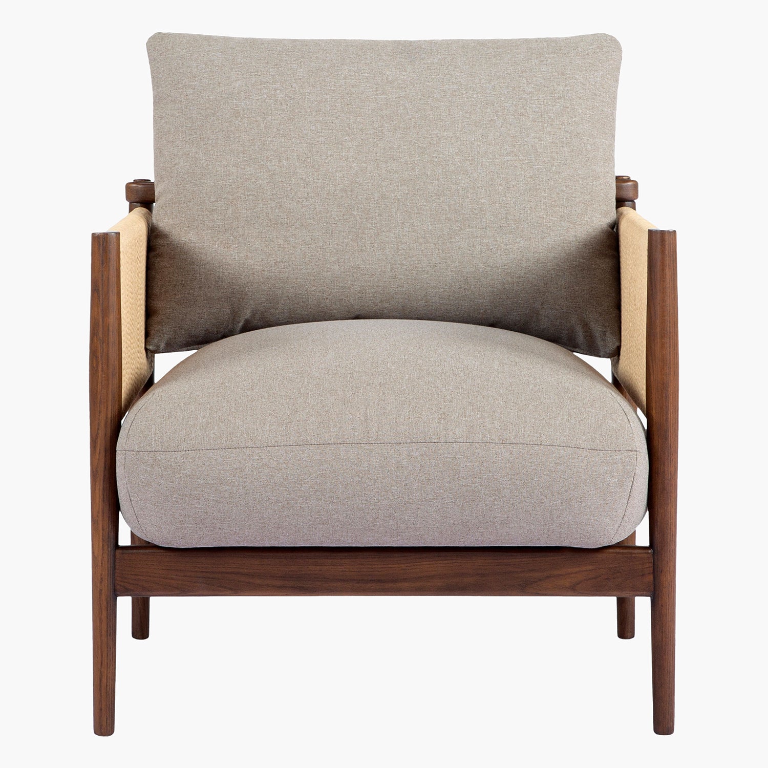 Chair with gray cushion and wooden frame on a white background