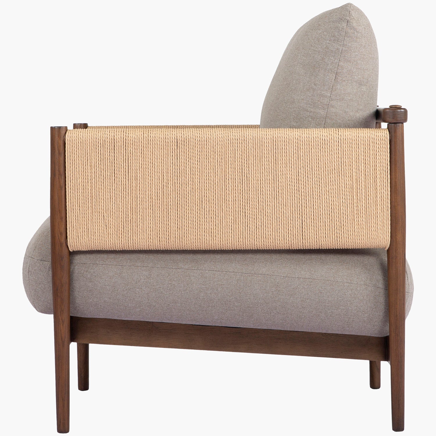 Chair with beige woven backrest and gray cushion on a white background