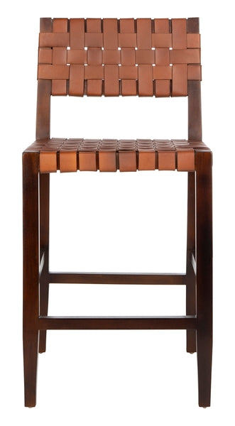 Brown woven chair with wooden frame on a white background