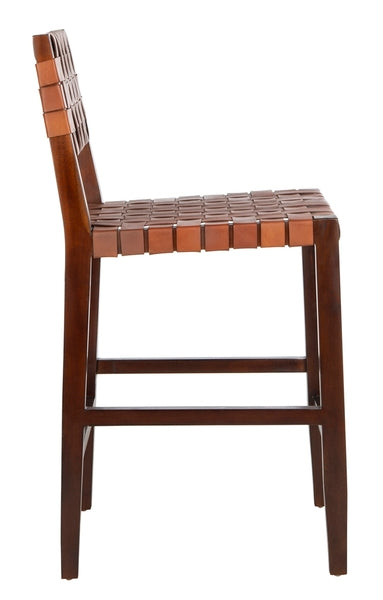 Wooden bar stool with woven seat on a white background