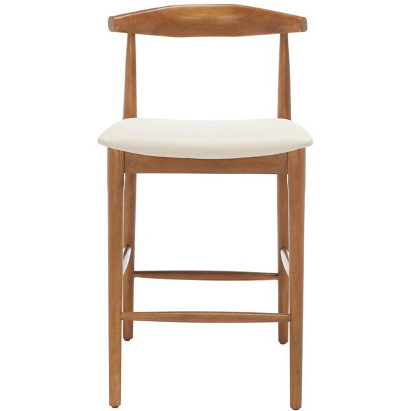 Wooden bar stool with a white cushion on a white background