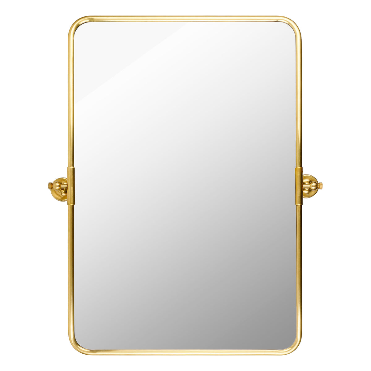 Gold-framed rectangular wall mirror with rounded corners and two decorative gold wall mounts on the left and right sides, shown against a plain white background.