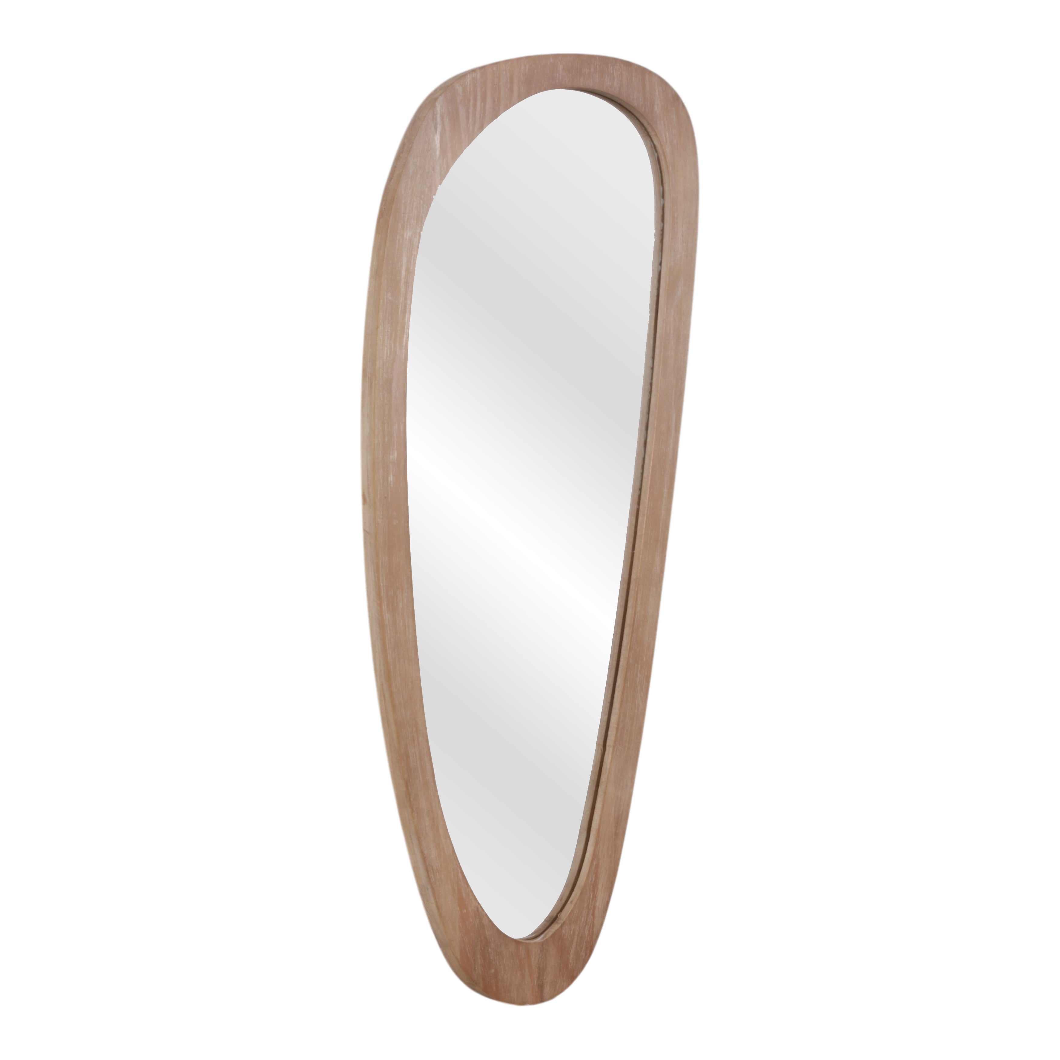 Wooden-framed oval mirror on a white background