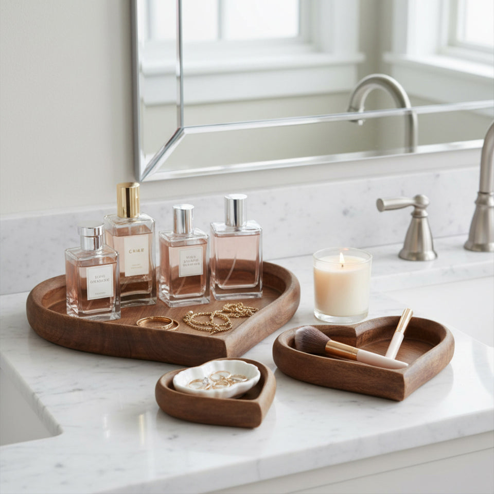 Bathroom counter with wooden trays holding perfumes, a candle, and jewelry.